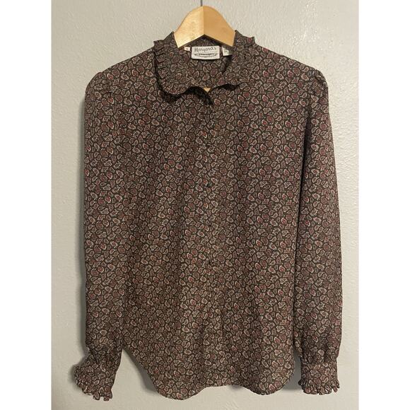 Vintage Womens Top Size 6 Brown Paisley Long Sleeve Button Up Prairie 60s FLAW - Picture 1 of 8